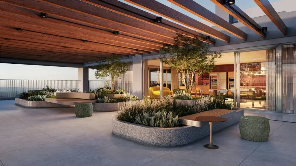 Terraço com jardins e área de estar