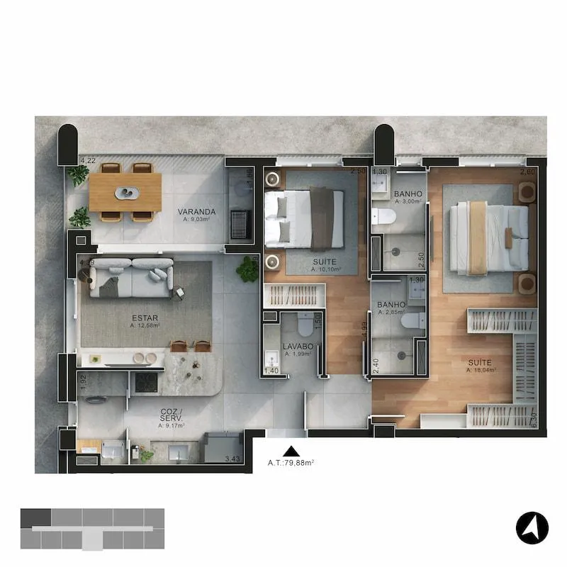 79 m² — 2 Suítes Esquina