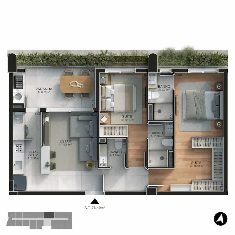 76 m² — 2 Suítes Central