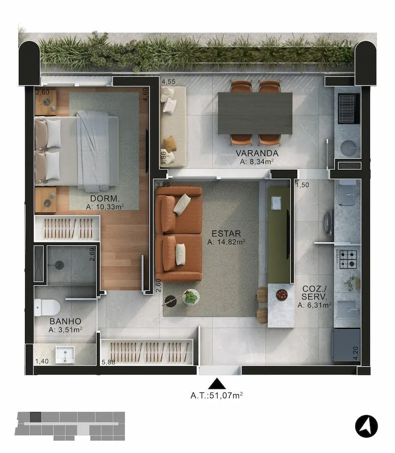 51 m² — 1 Dormitório Central